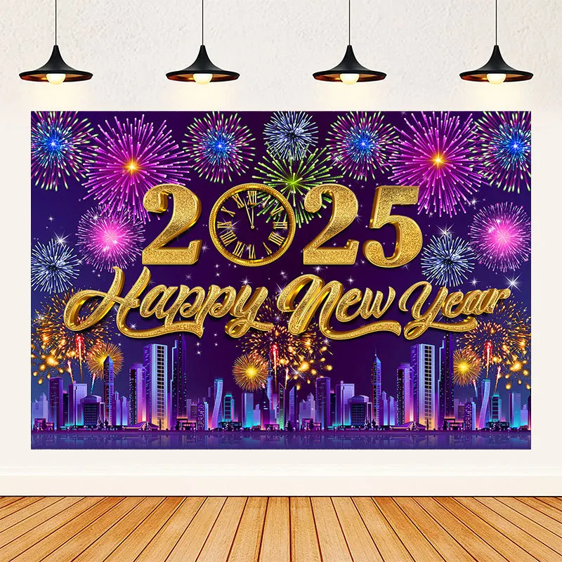 Happy New Year Backdrop Countdown Hello 2025 Glitter Balloons Firework Photography Background Banner Decoration Party Supplies