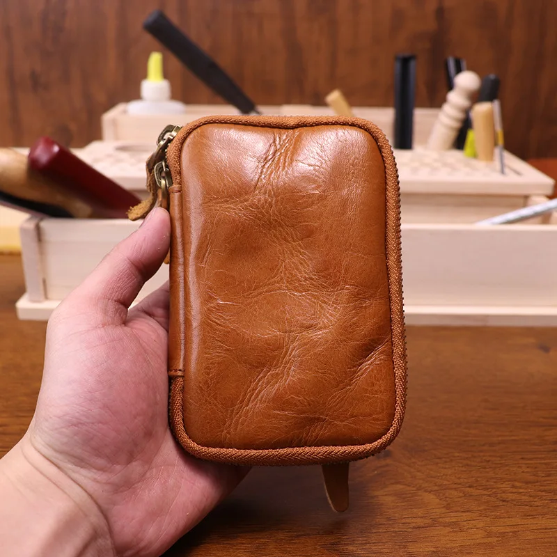 2024 Genuine Leather Key Wallet Men Women Short Vintage Handmade Zipper Car Key Card Holder Coin Purse Bag Organizer Housekeeper