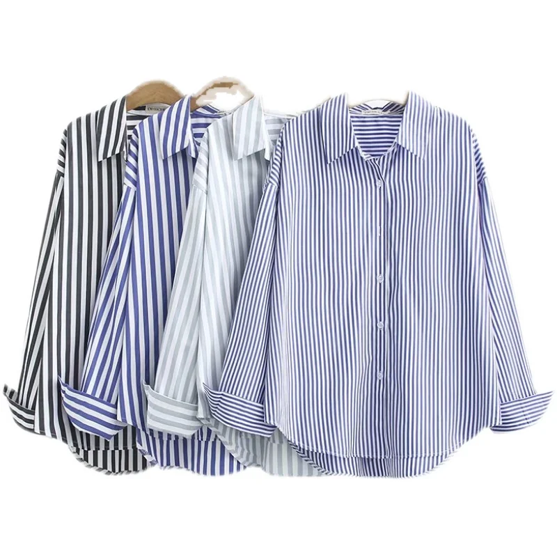 เสื้อผ้าไซส์ใหญ่พิเศษสำหรับผู้หญิงอ้วน ลายทาง แขนยาว ทรงตรง ติดกระดุม คอปก  สำหรับฤดูใบไม้ร่วง