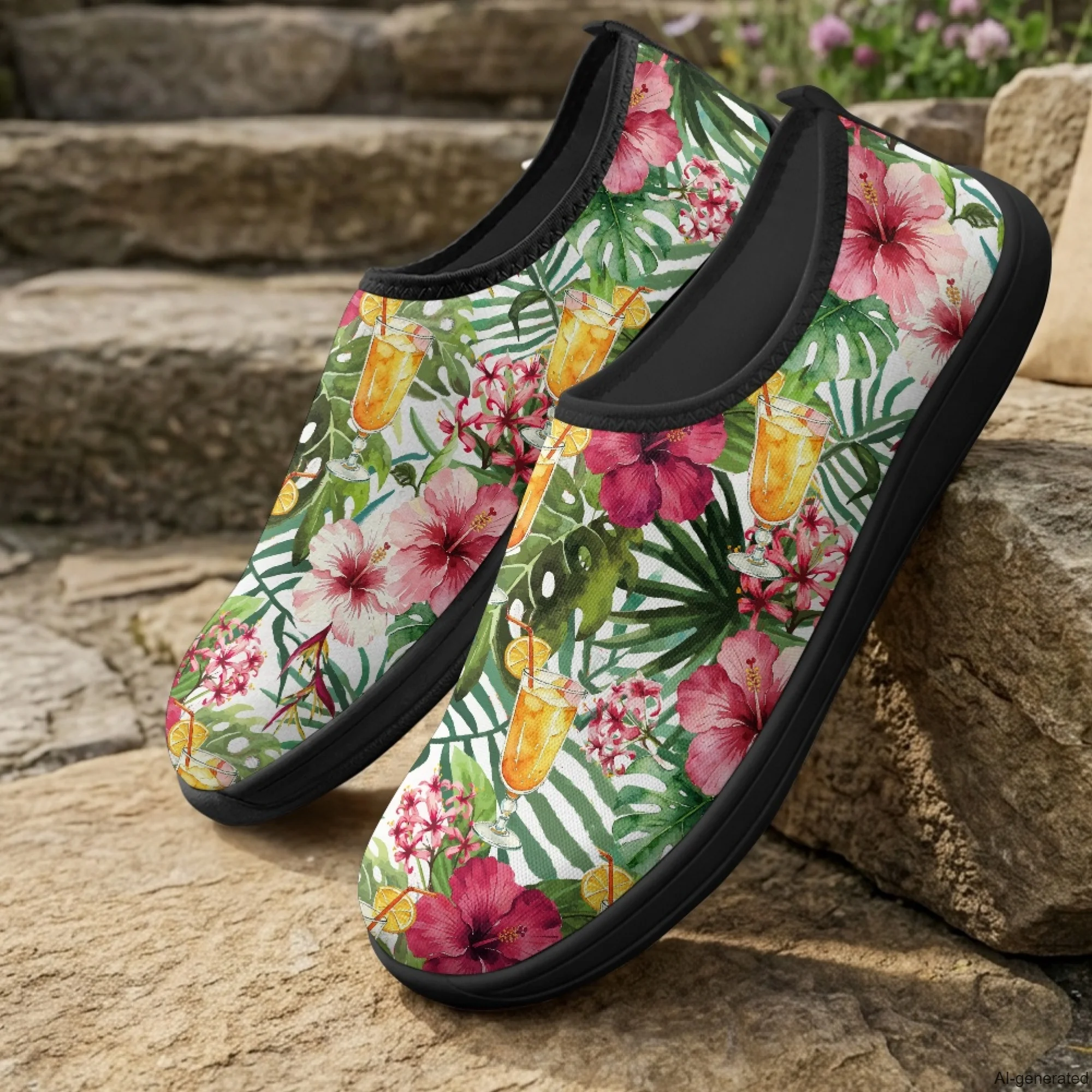 XIXIRIMIDO Slip-on Wide-toed Shoes Men's Breathable Mesh Shoes Monstera Flower PrintWomens Fashion Sneakers Walking Shoes 36-46