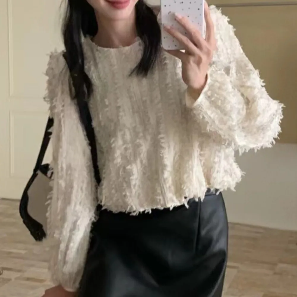 

Женская свободная блузка Ele French Sle с длинным рукавом и круглым вырезом, весна 2026, с бахромой и дизайном в виде цветочных бутонов, модный топ