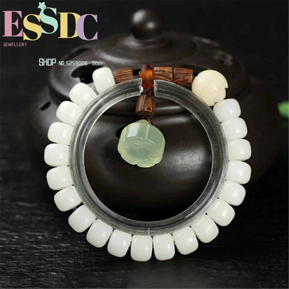 Authentic Hainan 7*9mm Natural White Bodhi Root One Circle Beads Bracelet Xiuyu Lotus Charm Fashion Women Summer Mala Jewelry