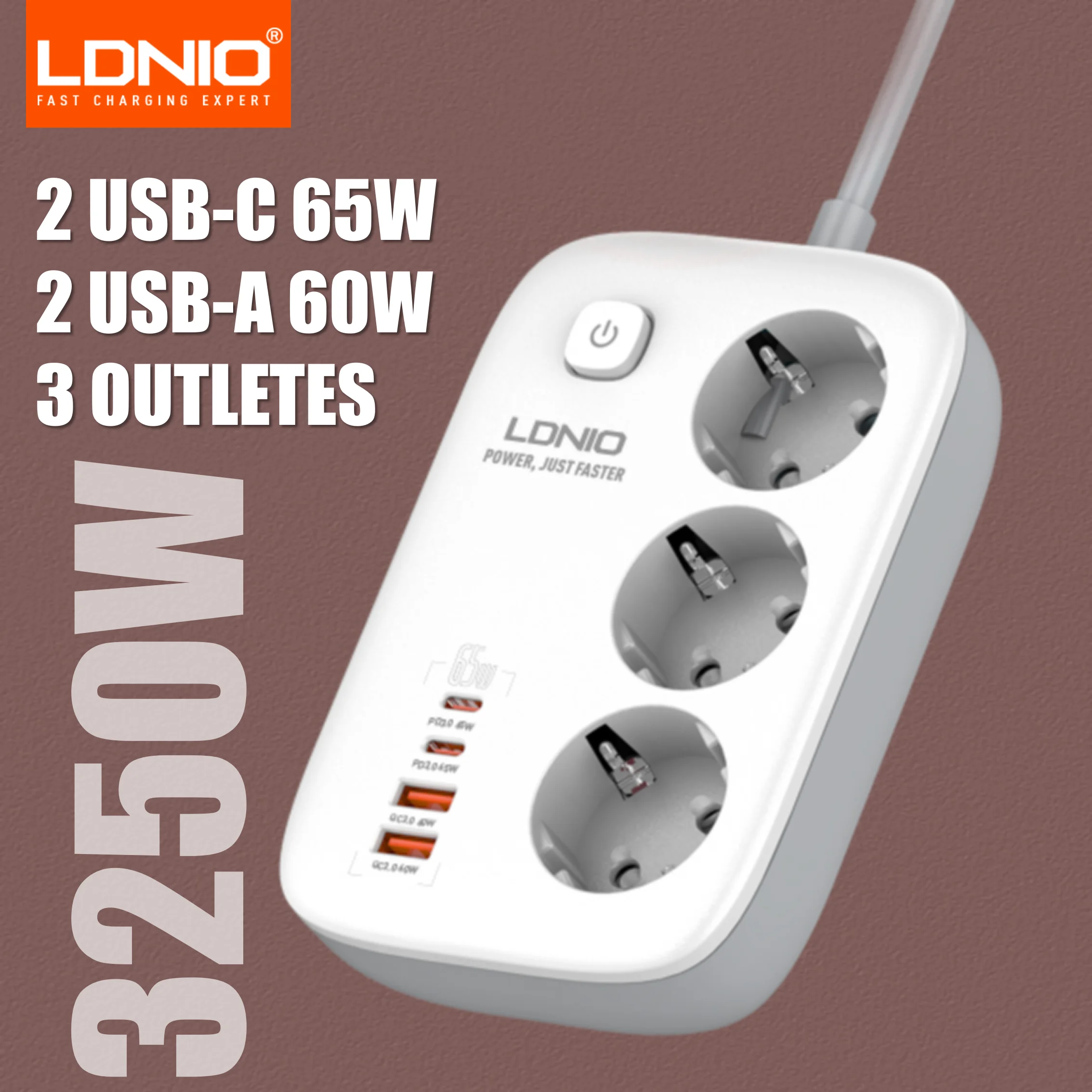 LDNIO 3 Outlets Power Strip EU Standard with PD 65W 4 USB Port USB Charging 2M Extension Cord Socket adapter