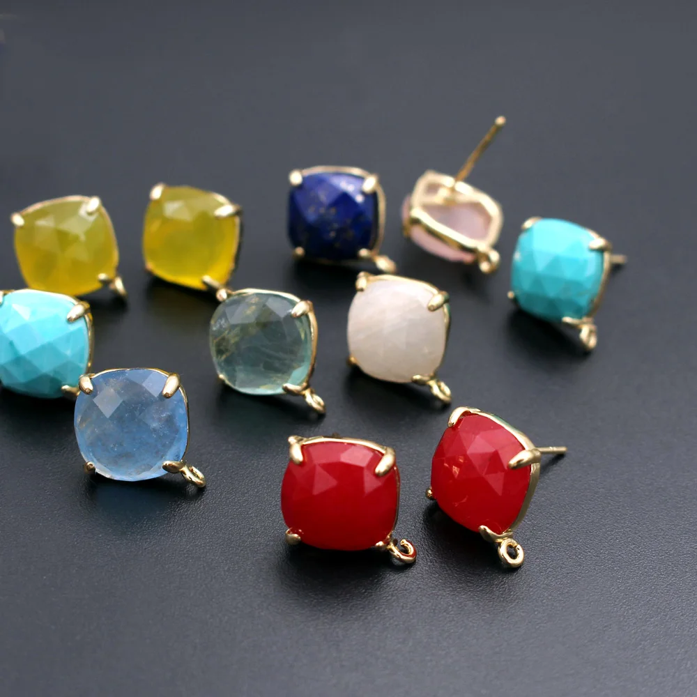 10pair Gold Plated Square Ear Posts Studs Rose Quartz Moon Stone Stone Earrings Linker Connectors Women DIY Jewelry Accessories