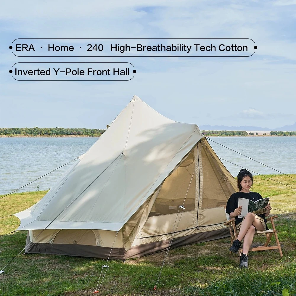 Camping Era 240 Cotton Tent 3-4 Person  Front Hall Tent Double Door With Chimney Mouth Breathable Rainproof New