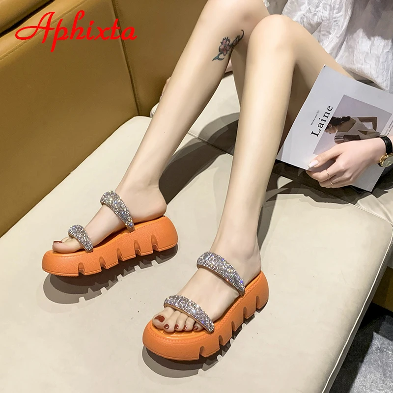 Aphixta 2023 New Summer Flat Platform Orange Slippers Women Sandals Luxury Crystals Shoes 5cm Chunky Sole Cool Slides