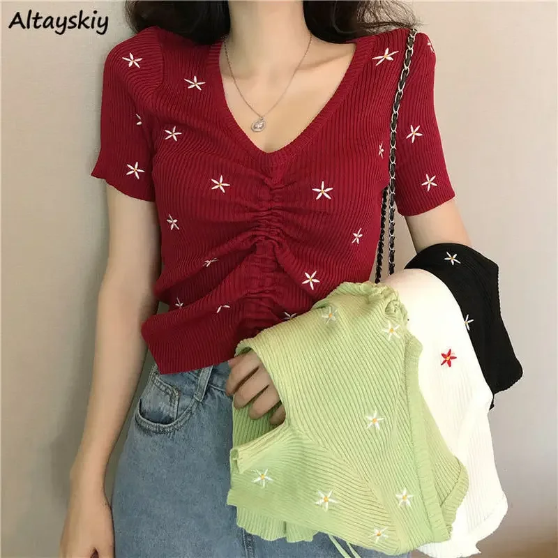 

Shirts Women V-neck Summer New Lace Up Floral Embroidery Knitted Bottoming Slim Crop Tops Short Sleeves Cute Elegant Chic Womens