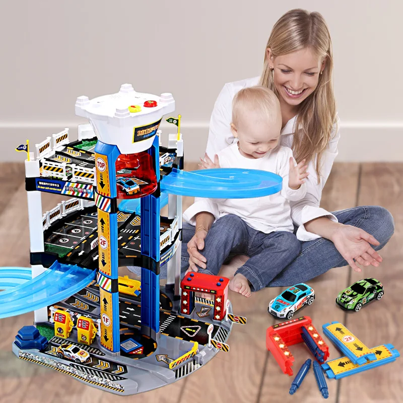 Groot parkeerspeelgoed met elektrische handliftrails Multi-lagen bouwplaats Model Diy Adventure Games Kinderen Verjaardagscadeau