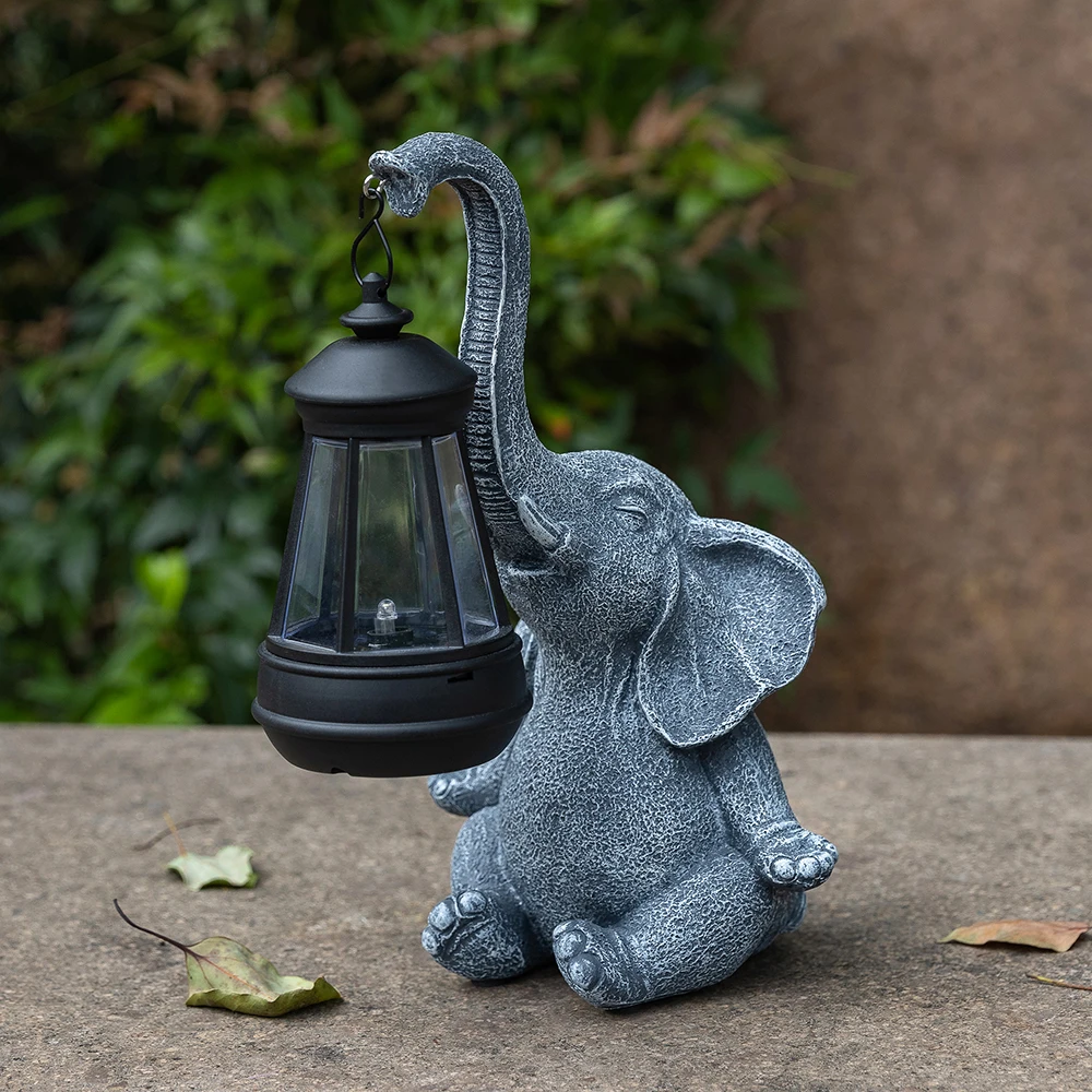 Cute Elephant Resin Statue With Solar Lantern Light, Outdoor Garden Figurine For Lawn Yard Patio Home Decor Art Ornament Gift
