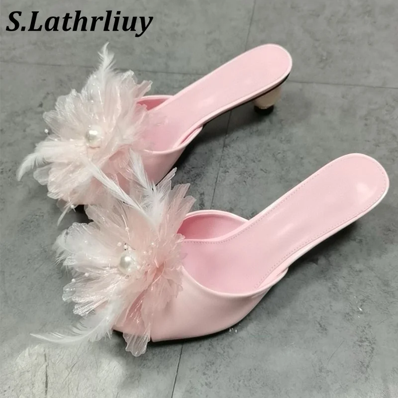 

2025 Summer Dew toed Luxury Pearl Decorative Slippers Women's Flower Fashion Middle Heel Sandals Daily Leisure Vacation Shoes