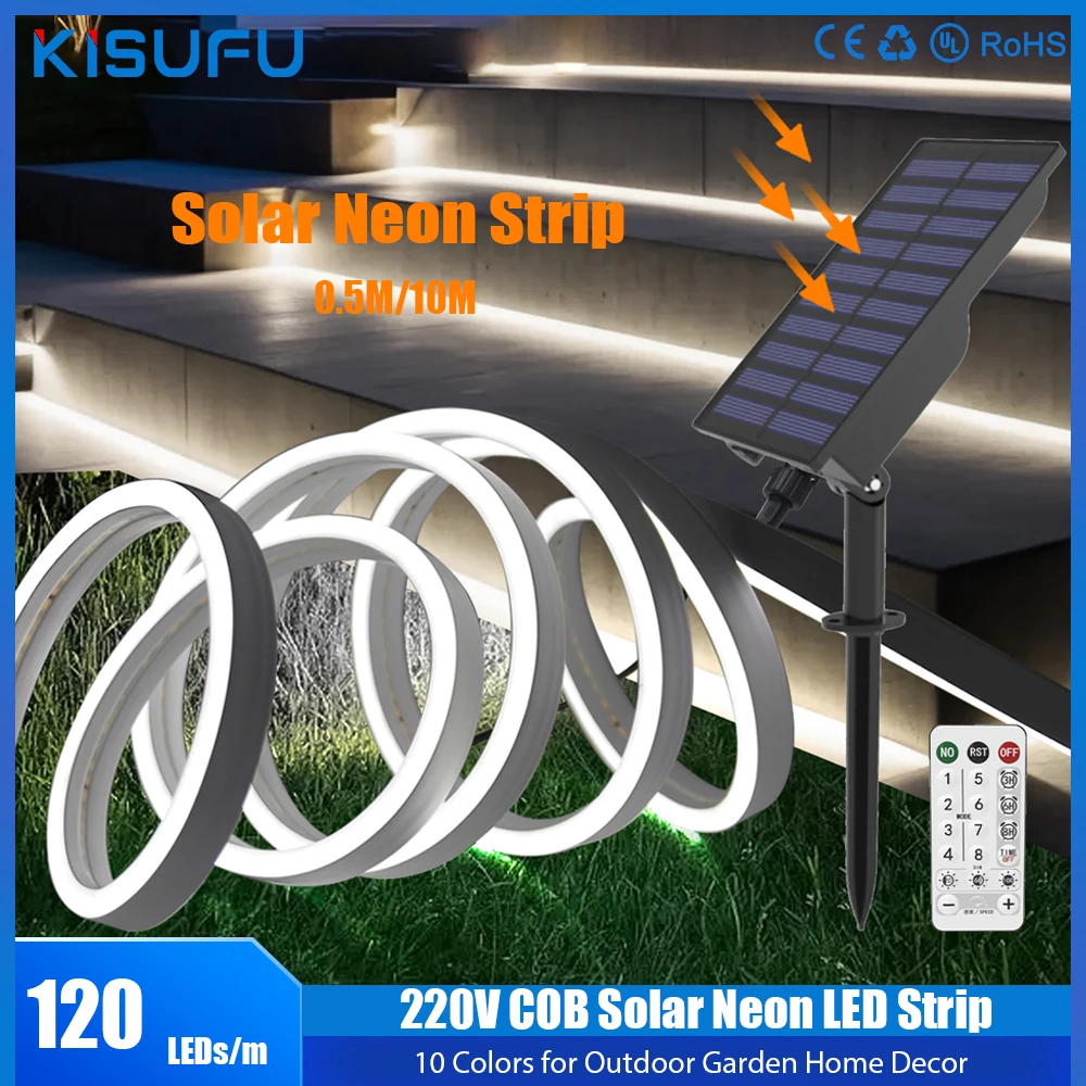 Tira de luces LED de neón Solar para exteriores, lámpara COB de alta densidad, impermeable IP67, 0,5 Leds/M, decoración de jardín, 24V, 120 M/10M, 10 colores