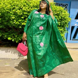 Green African Bazin Riche Boubou With Pink Embroidery Nigerian Women Evening Party Long Robe Clothing Mali Weding Mix Size Dress