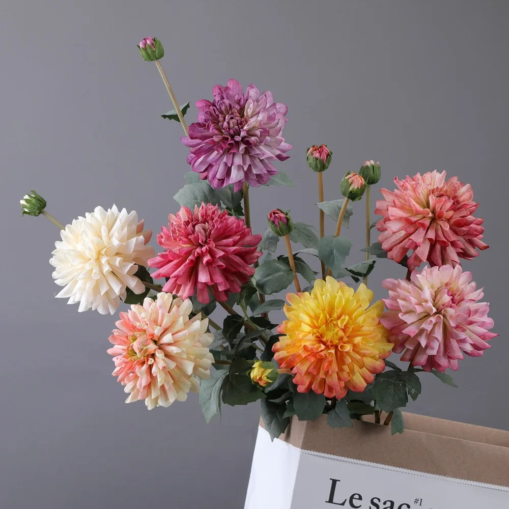 

80cm Artificial Chrysanthemums Branch Real Touch 2 Heads Simulation Dahlia Flowers Handmade Floral Art Silk Fake Flowers