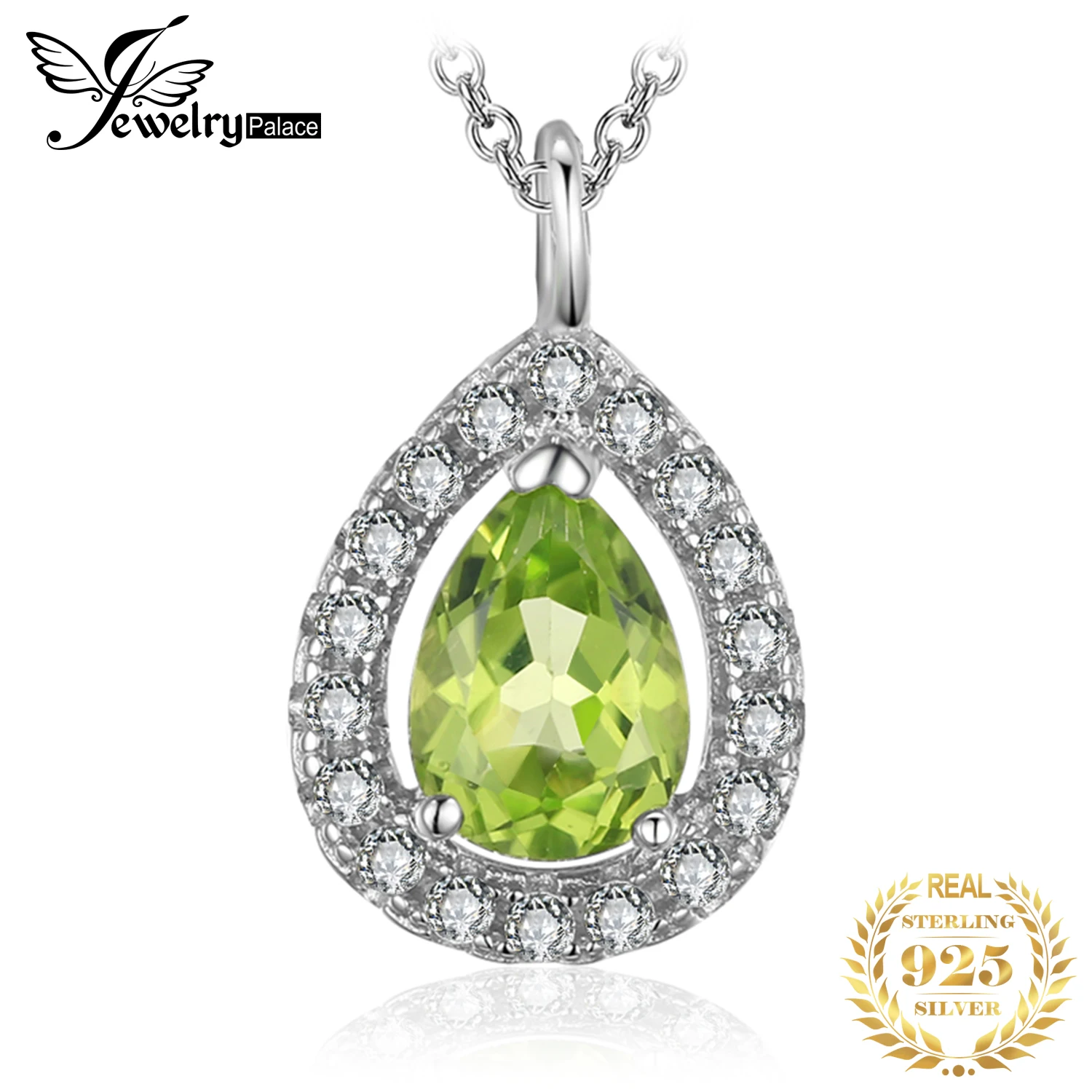 JewelryPalace Pear Natural Peridot 925 Sterling Silver Halo Pendant Necklace for Women Fashion Gemstone Fine Jewelry Gift 45cm