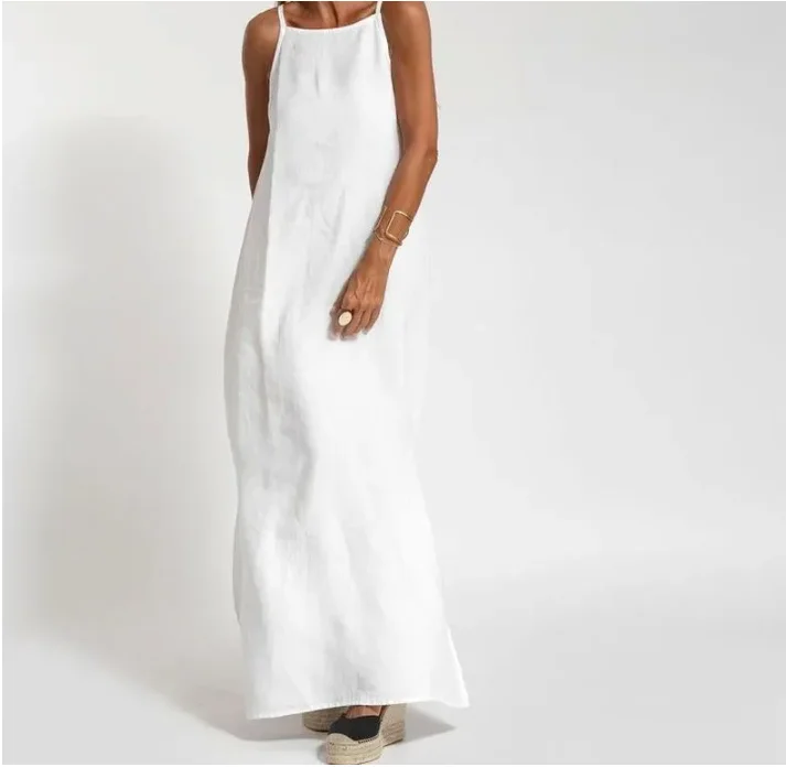 Vestido largo de algodón y lino para mujer, con abertura lateral, sin tirantes, de color sólido, para fiestas y vacaciones de verano.