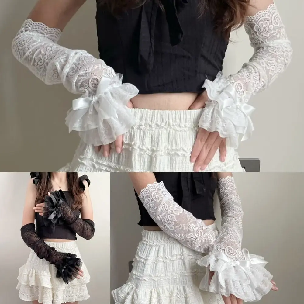 Verão wear y2k laço arco luvas proteção uv estilo fairycore luvas sem dedos doce pura malha braço mangas para mulher