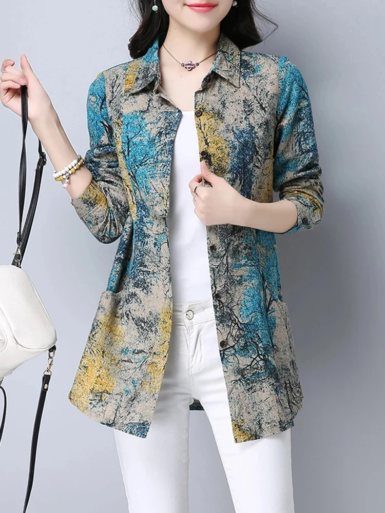2024 New Spring Cotton Blends Women Blouse Casual Loose Long Sleeve Blouses Shirts Vintage Floral Print Female Blusas Tops