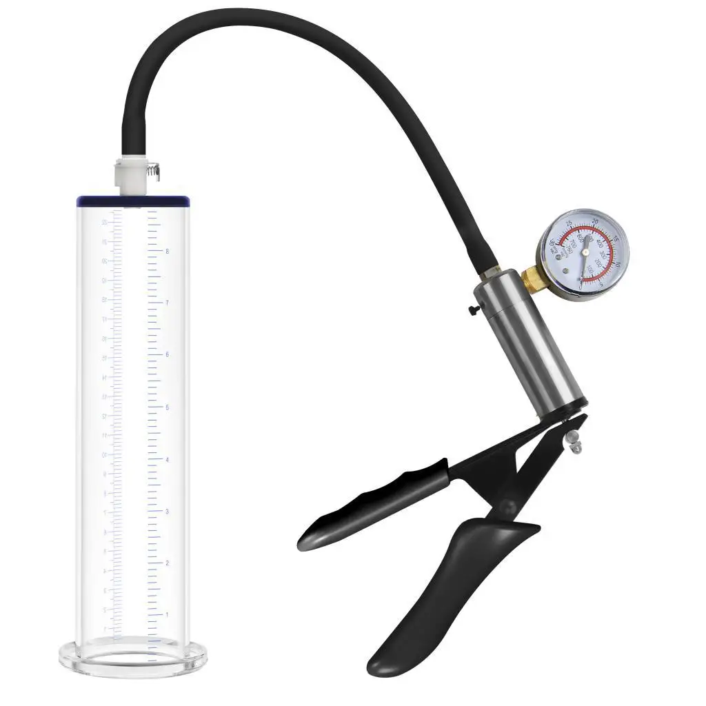 Mens Handheld Vacuum Trainer Sex Toy with Clear Acrylic Tube, Pressure Gauge, Air Hose and Manual Suction Control