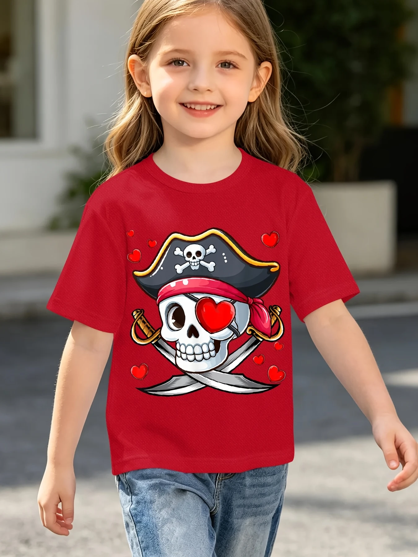 Cute Pirate Skull Hat Cross Sword Red Hearts Cartoon Graphic Print T Shirt Family Matching Boys Girls Kids Short Sleeve Daily