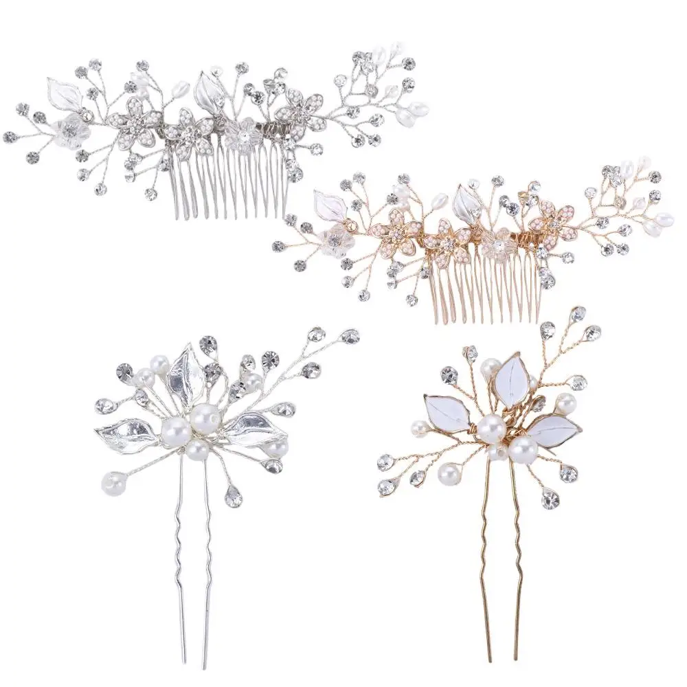 Rhinestone Bride Hair Clip Headwear Pearl Handmade Bride Hair Comb Leaves Hairpin Hair Accessories Bride Hairpin