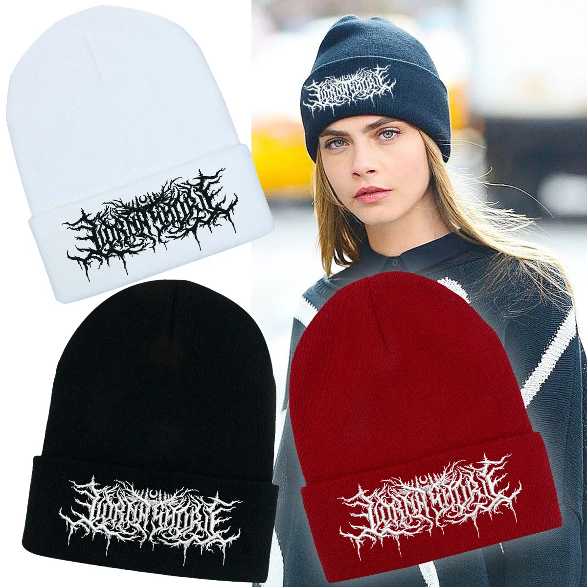 Lorna Shore Beanie Embroidery Grunge Knitted Hat Soft Gothic Y2k Punk Streetwear Winter Hat Unisex Outdoor Sports Hat