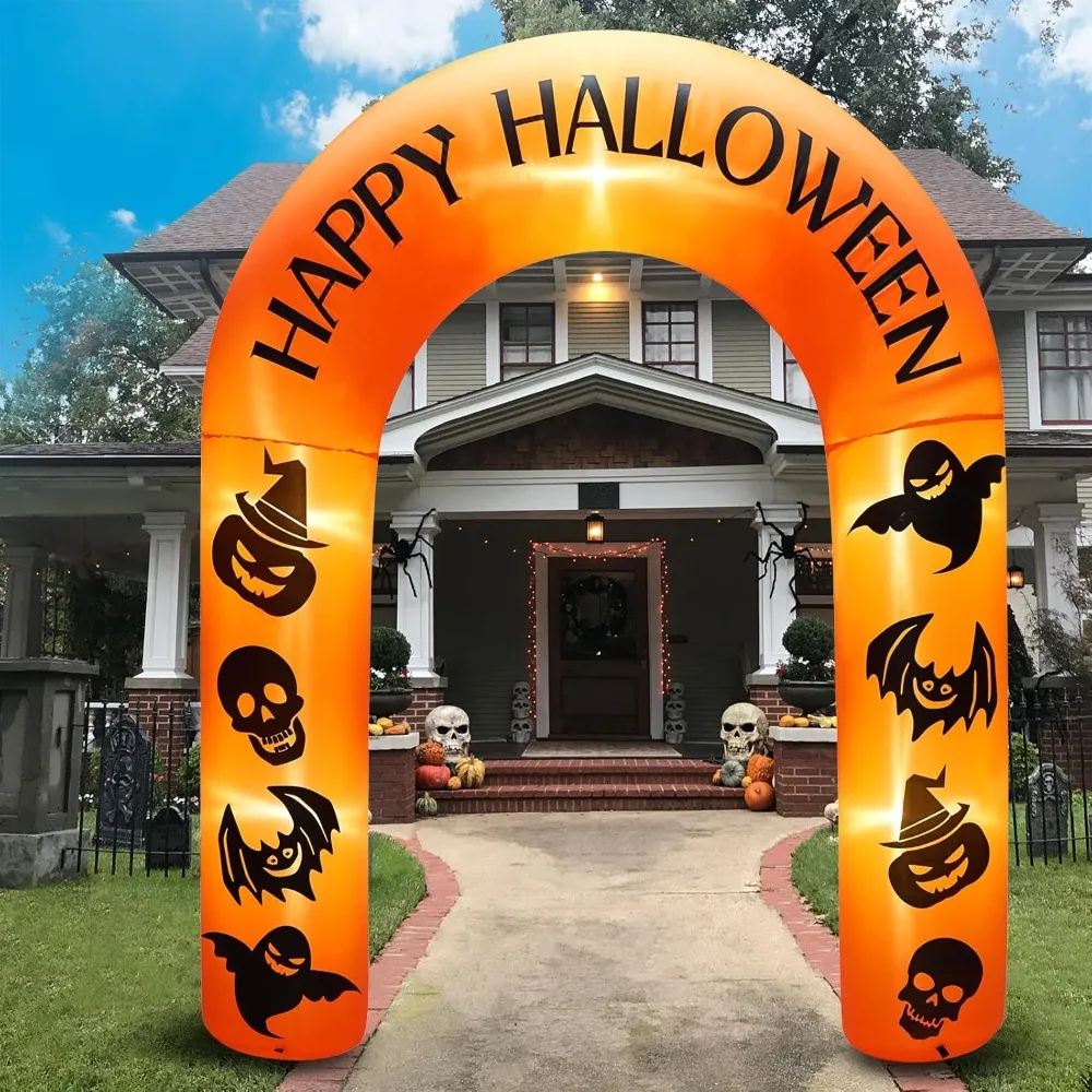 8 FT Giant Halloween Inflatable Pumpkin Arch Outdoor Decoration (with Witch Hat Pumpkin and Skull, Bats, Ghosts), for Holidays