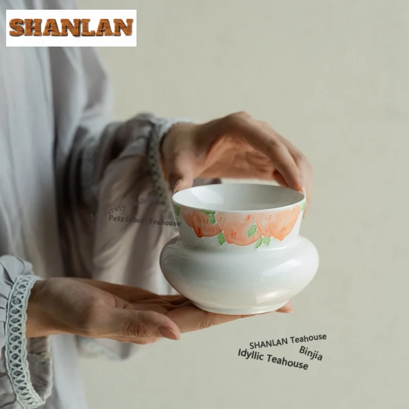 360ml Lhand Painted Longevity Peach White Porcelain Jianshui Washing Cup Bowl Tea Residue Barrel Household Chaxi For Tea Craft