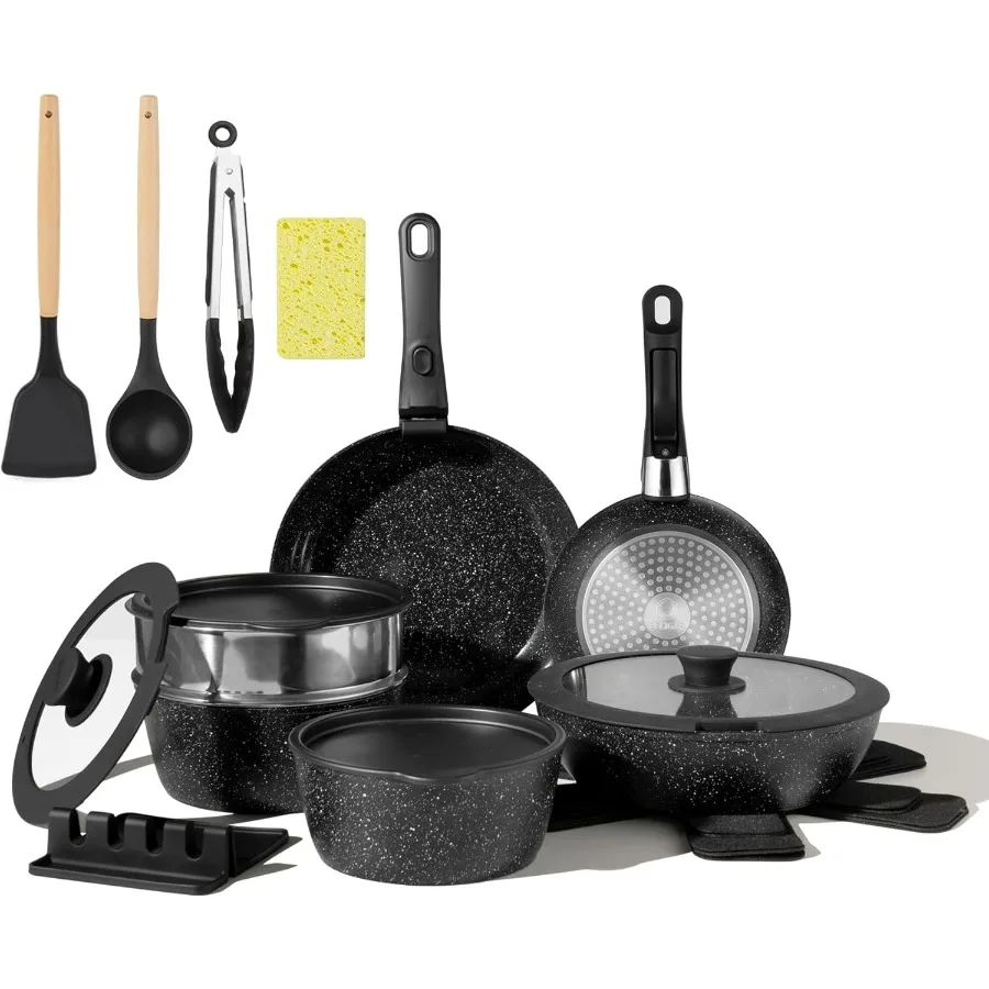 Nonstick Ceramic Cookware Set 21PCS with Detachable Handle, Pans and Pots Set, RV Kitchen Set Cookware Set, Pan Pots with Remova