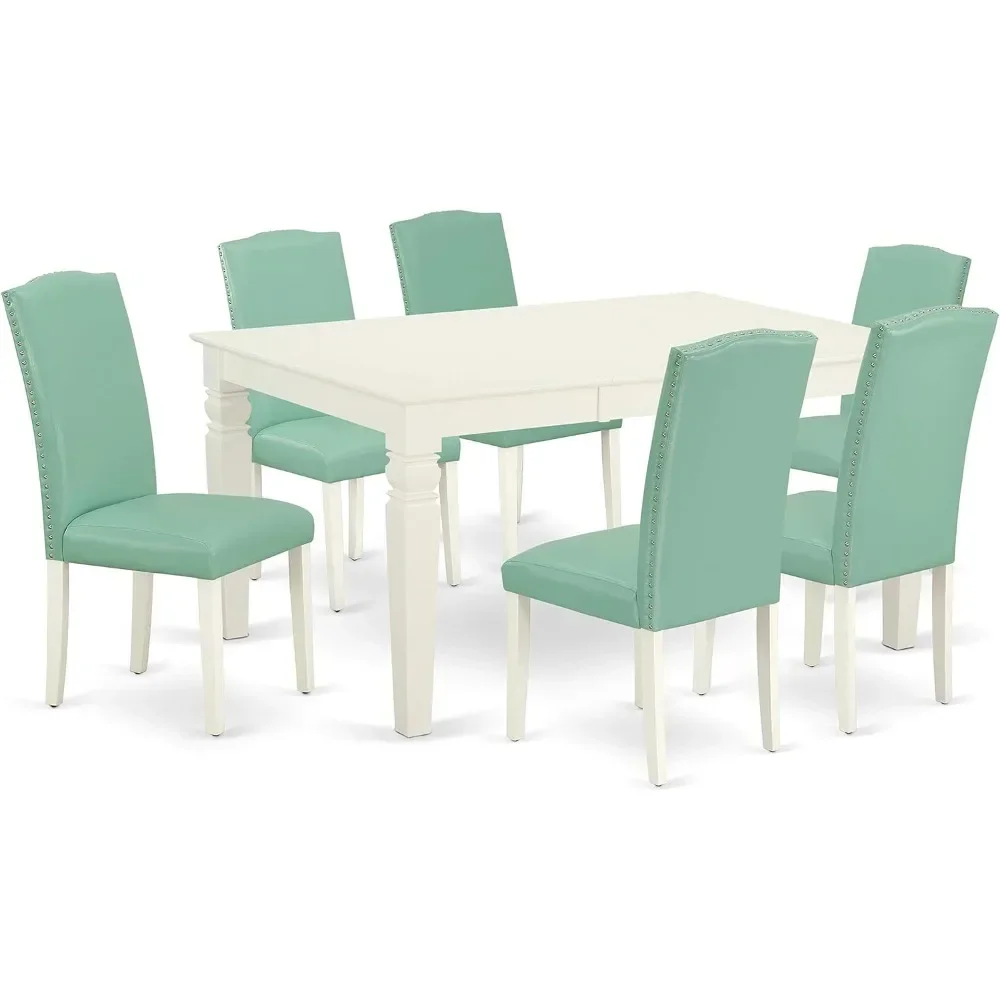 WEEN7-LWH-57 7 Piece Kitchen Set Consist of a Rectangle Table with Butterfly Leaf and 6 Pond Faux Leather Parsons Dining Chairs,