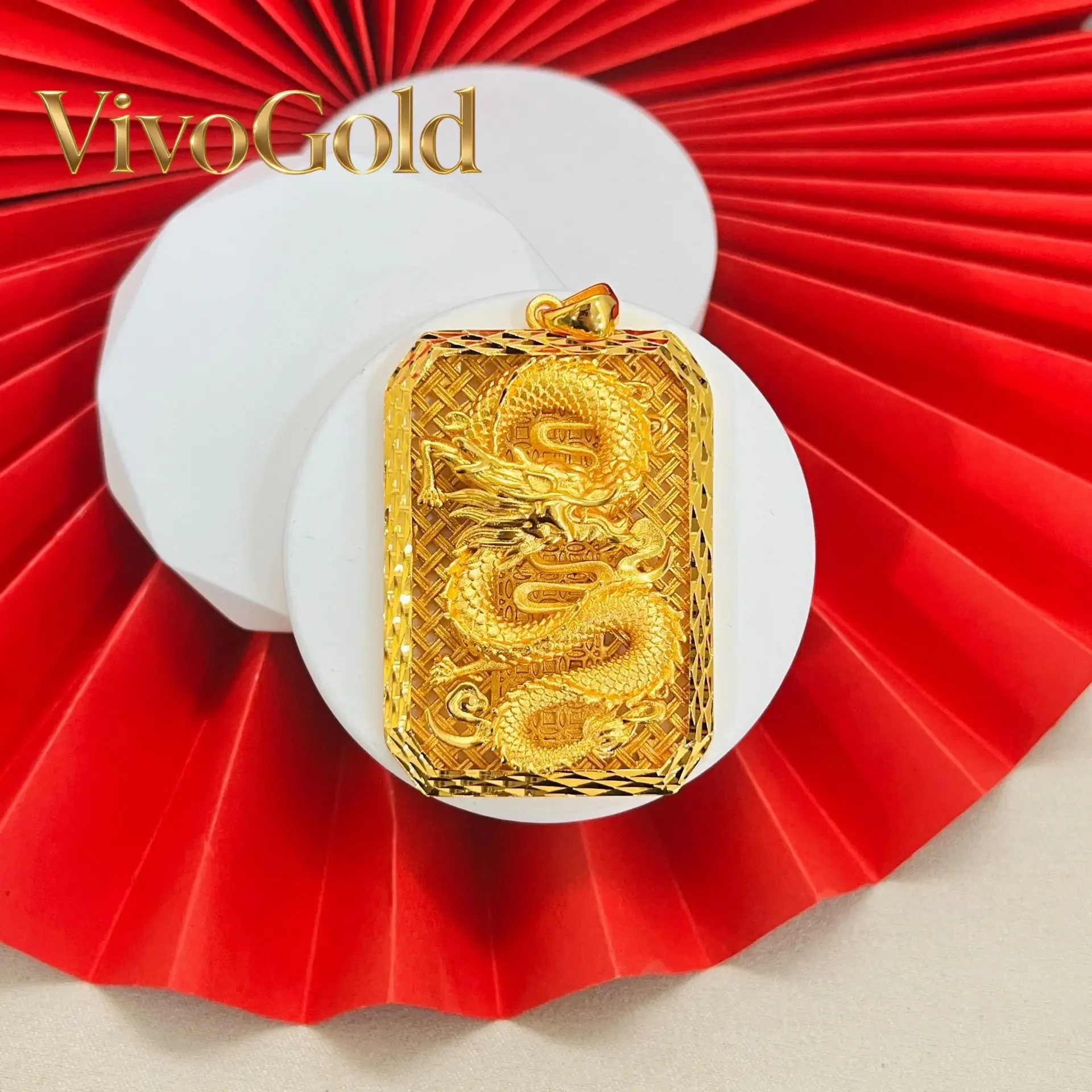 

Кулон VivoGold с трехмерным узором дракона по всей поверхности, 9999 пробы, 24K, из настоящего золота, мужское массивное полое ожерелье