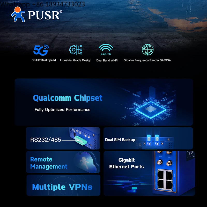 PUSR Global Dual 5G Lte Router Sim Card Slot RS232/485 Gigabit Serial Industrial Cellular Wireless WiFi Router USR-G816w-G