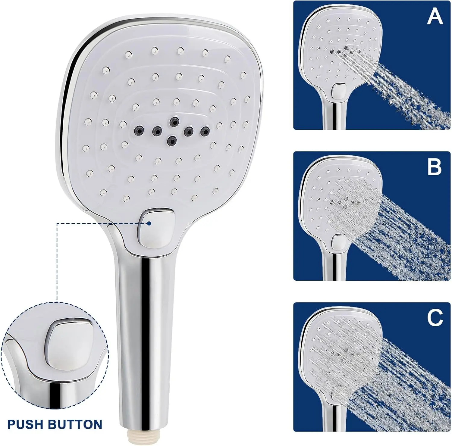 ホース付きシャワーヘッド、高圧ステンレススチール製レインシャワーと3つの設定のハンドヘルドスプレーコンボ