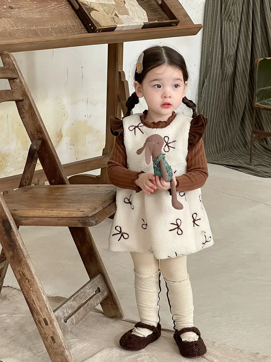 Girls Suit Autumn and Winter New Childrens Korean Velvet Vest Butterfly knot Princess Skirt Undershirt Top Two-piece Set