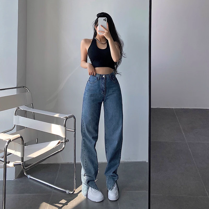 

Джинсы с высокой талией, прямые, длинные, для молодых девушек, новинка 2023 года, большие размеры, джинсовые брюки в пол с разрезами, женская мода