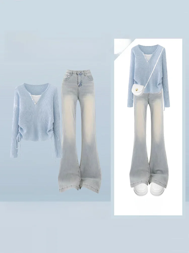 Sweet Fre – ensemble pull et jean tricoté bleu pour femme, Anti-âge, artistique, taille haute, pantalon Long, ensemble Faion, hiver