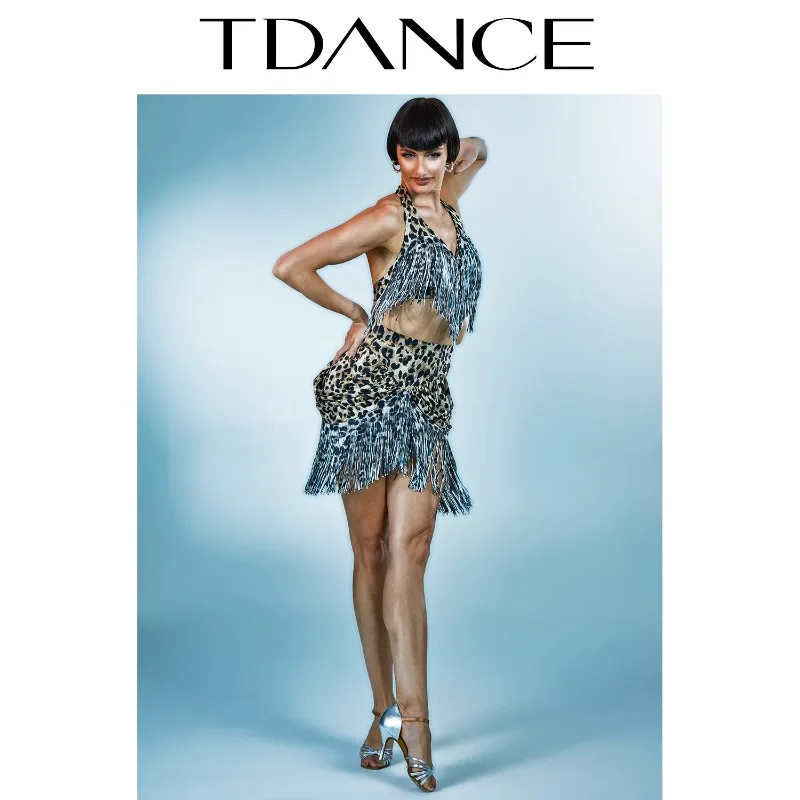 Robe de danse latine personnalisée, vêtements d'entraînement, taille empilée, demi-jupe à pampilles, performance polyvalente, imprimé léopard, pour femme
