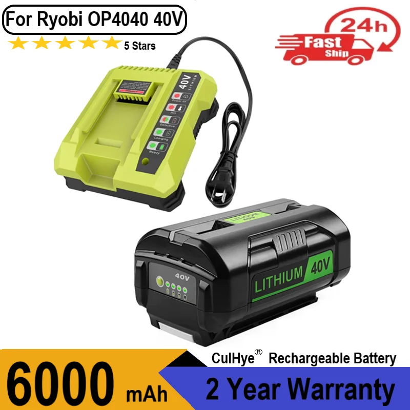 40V 6.0Ah Li-ion Battery & Charger for Ryobi OP4040 OP4026 OP4030 OP4050 OP4060A OP40201 OP40301 Collection Cordless Power Tools