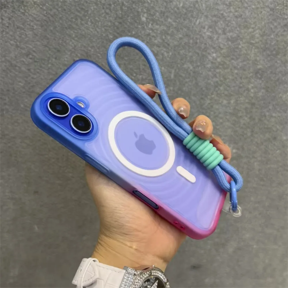 Für Magsafe Magnetische Wasser Welligkeit Farbverlauf Matte Durchscheinende Telefon Fall mit Handgelenk Strap Für iPhone 16 Pro Max 15 14 13 12 Abdeckung