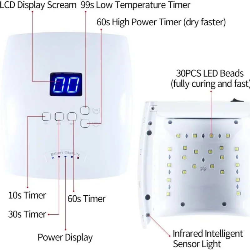 Rechargeable UV LED Nail Lamp with Automatic Sensor Cordless Nail Dryer for Finger 5 Timer Setting LCD Display Gel Nail Lamp