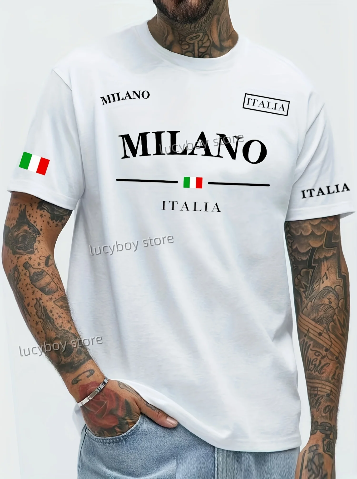 MILANO ITALIA Flag Printed Mens Short Sleeve T Shirt Man O-Neck Sportwear plus size Football Tee Vintage Casual Tops Men Clothes