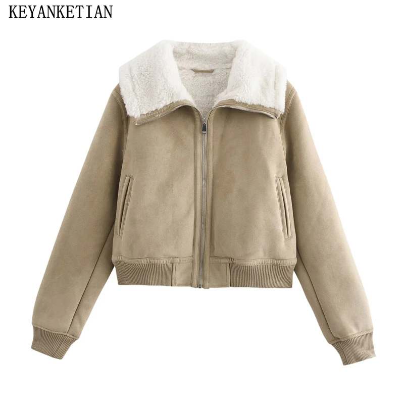 KEYANKETIAN 2024 Winter New Women's suede Double Faced Fur Short Jacket Leisure style Zipper Thick Warm Greatcoat Loose Blazer