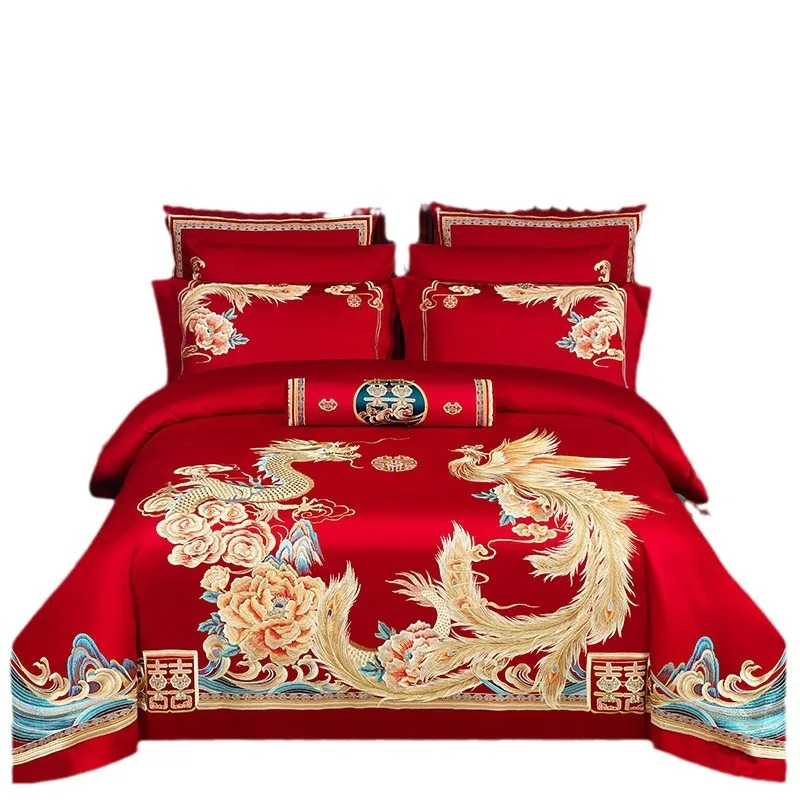 160 Thread Count Wedding Four Piece Set Long Staple Cotton Embroidered Dragon Phoenix Multi Piece Set