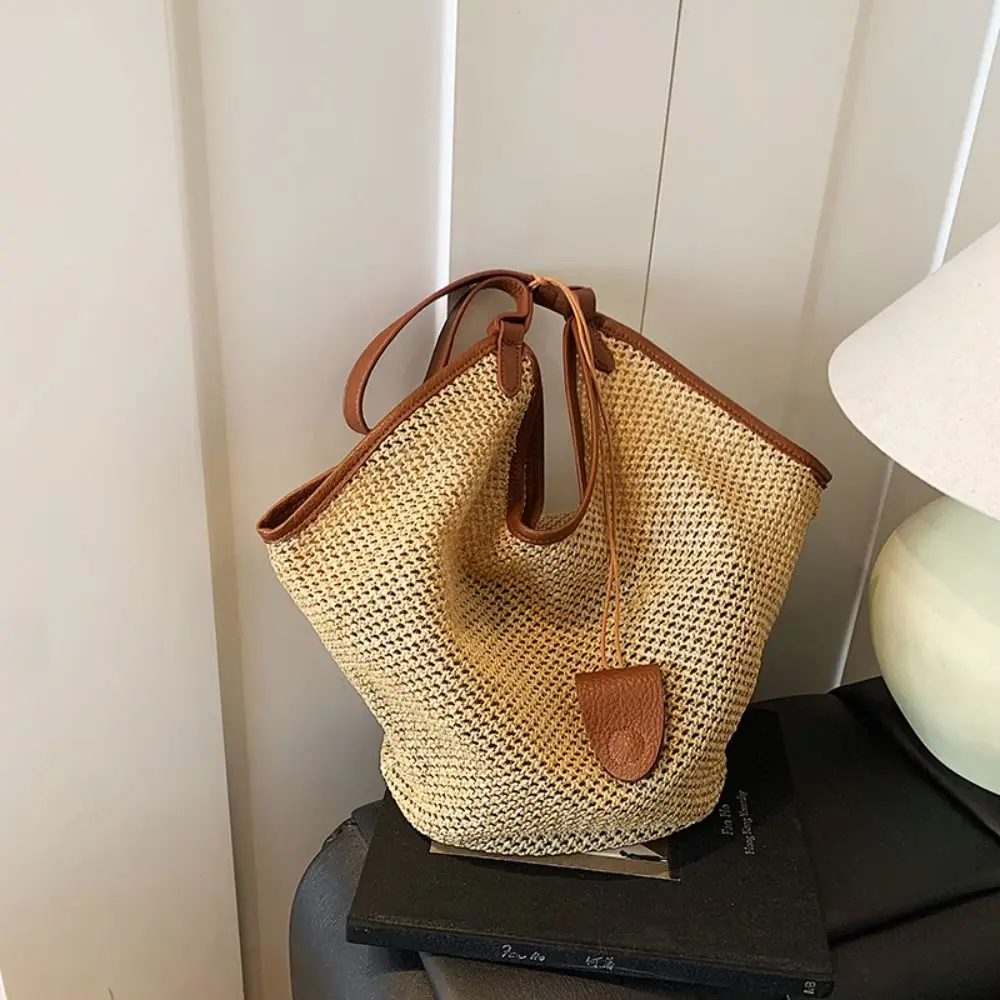 

Полая соломенная тканая сумка, сумка на плечо для родителей, пляжная сумка, богемная пляжная сумка, большая сумка с солнцезащитными очками, сумка-ведро с зажимом