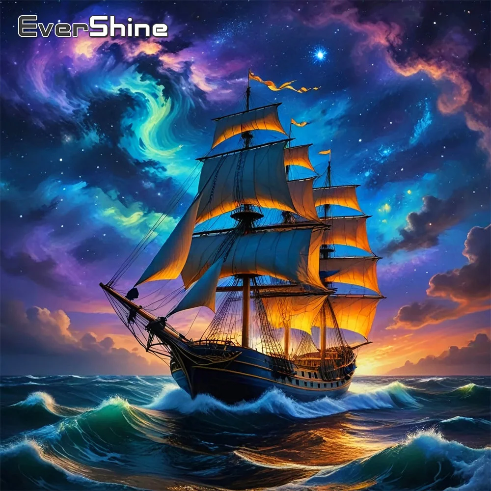 Evershine Diamantmalerei Landschaft 5D Vollbohr-Stickerei Boot Bild Strass Mosaik Sternenhimmel Wanddekoration