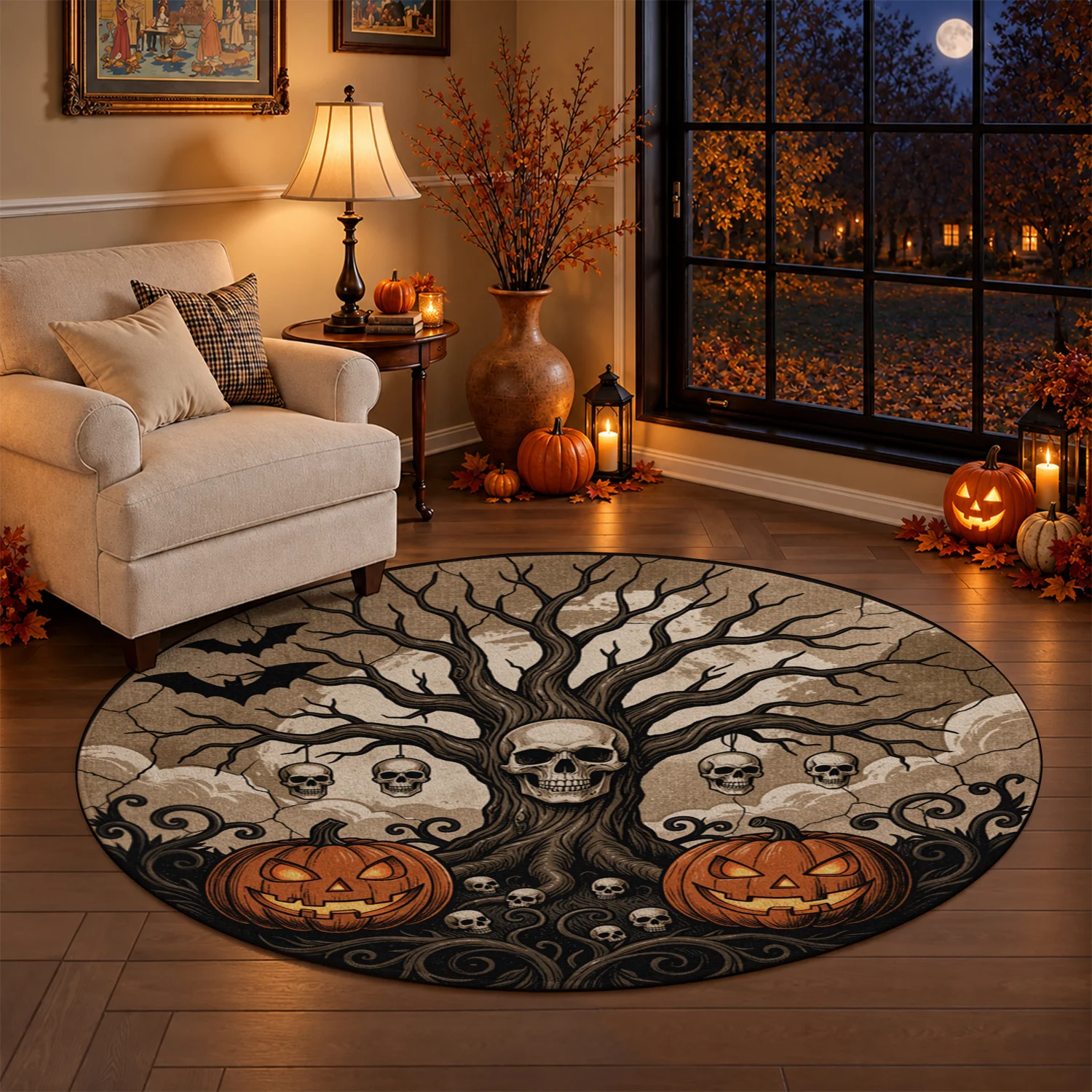 Halloween Skull Tree Jack-o-Lantern Round Velvet Area Rug, Machine Washable, Stays Securely in Place, Ideal for Entryway, Living Room, Dining Area, Perfect for Halloween, Thanksgiving, Christmas, New Year, Black Friday, Cyber Monday Holiday Decor
