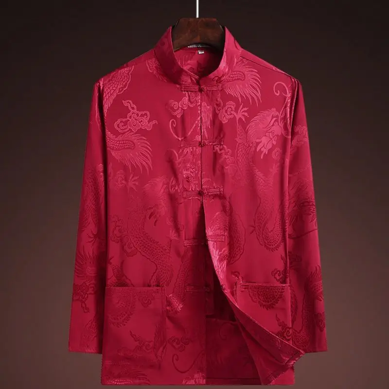 Yoourqipao Summer Chinese Style Dragon Pattern Tang Suit KungFu Tai Chi  Traditional Vintage Tops Shirt Clothes for Elderly Men