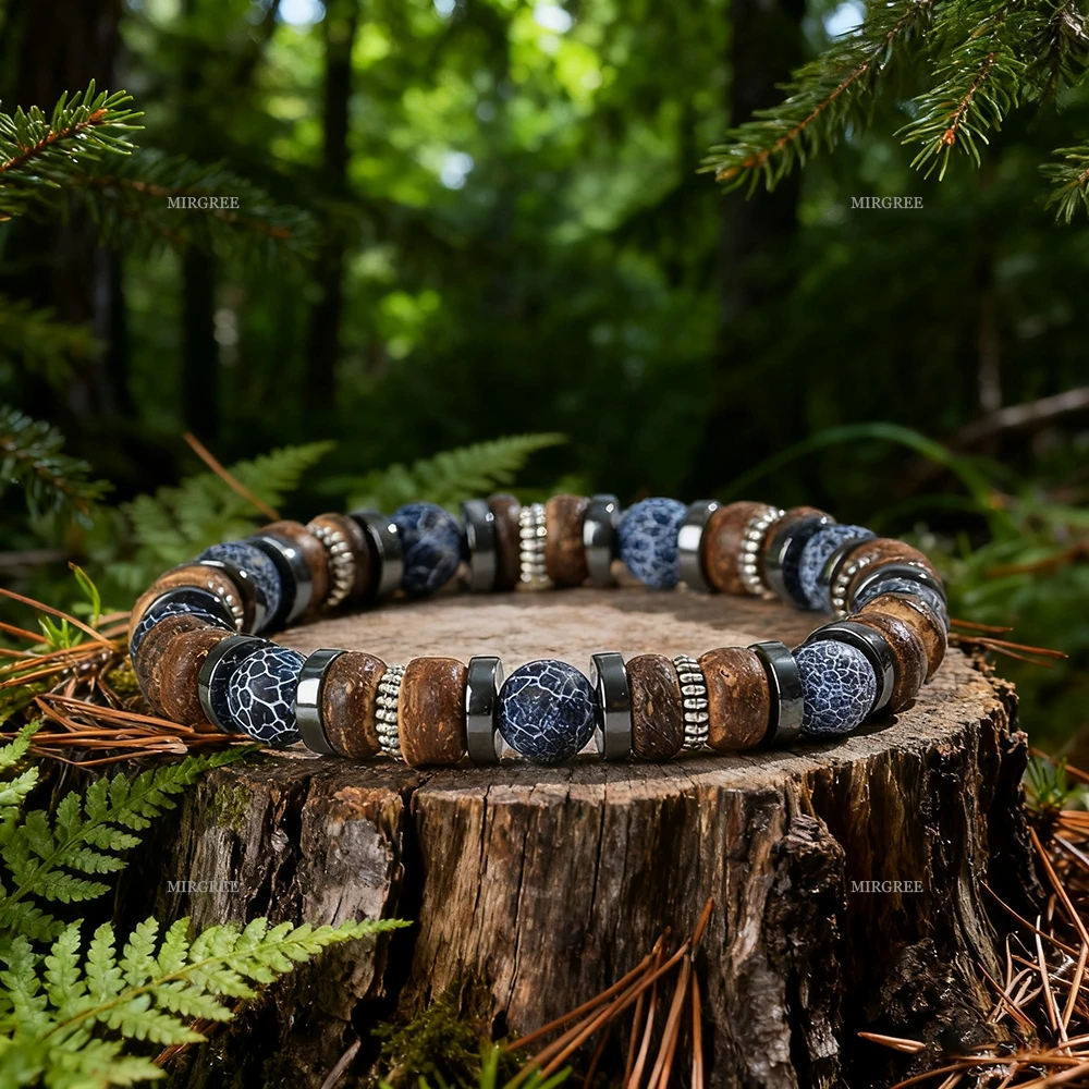 1 قطعة سوار خشبي من الحجر الطبيعي للرجال ، نمط متين ، مجوهرات عصرية ، عرض سحر الذكور الناضجة في مشاهد خارجية #1