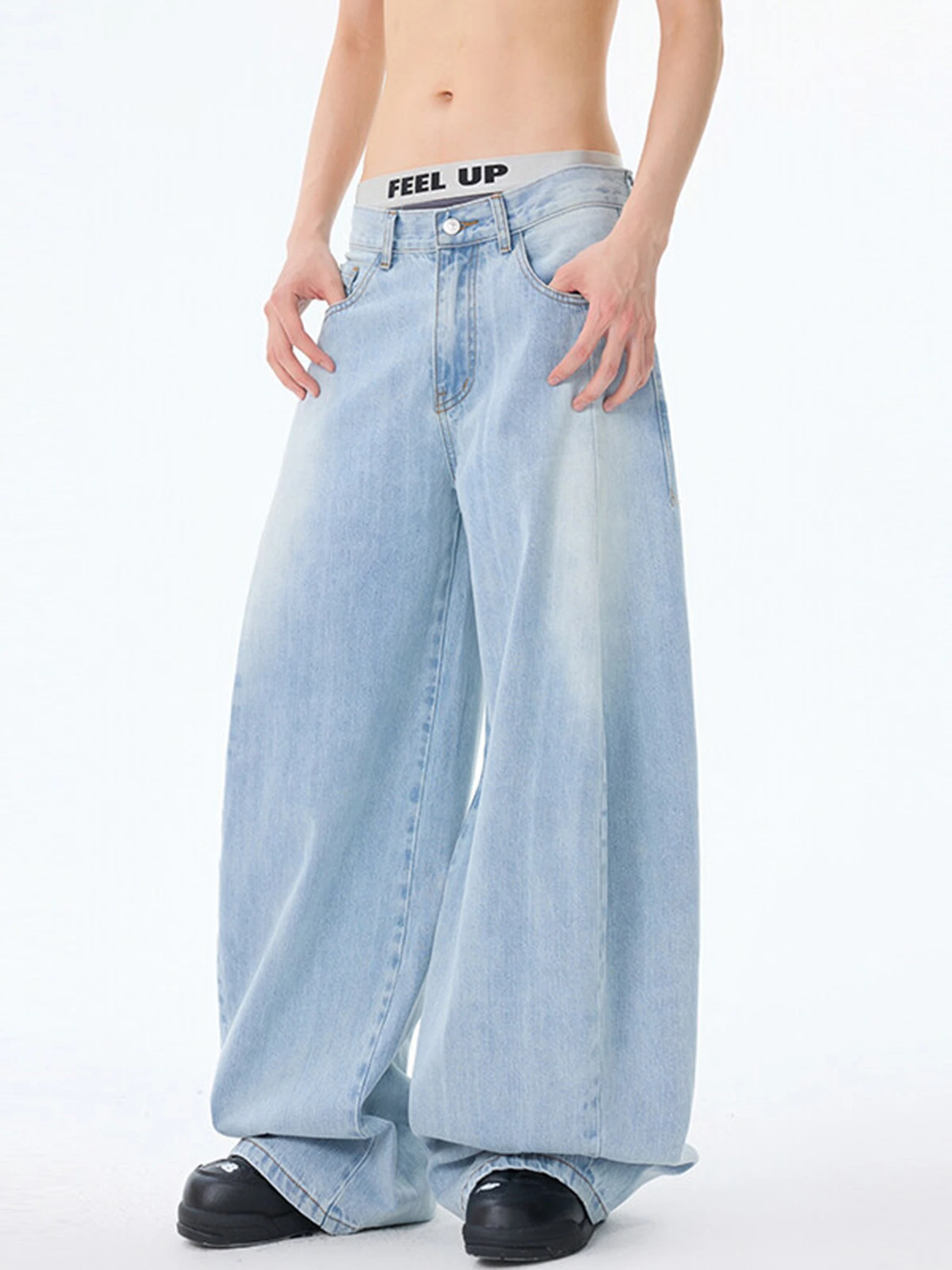 

Мужские джинсы свободного кроя с широкими штанинами, летние повседневные брюки, американские джинсы с эффектом потертости, светло-голубые, модные городские прямые джинсы-трубы