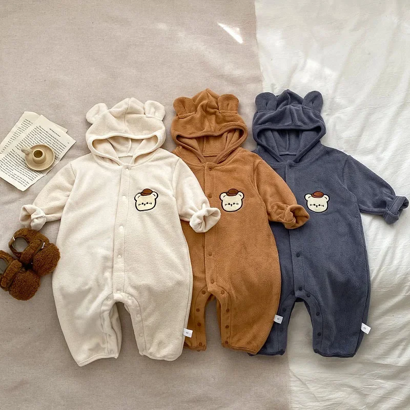 

2023 Winter Baby Romper 0-2Years Newborn Boy Girl Long Sleeve Cartoon Bear Hooded Fleece Jumpsuit Warm Playsuit Outwear Clothes