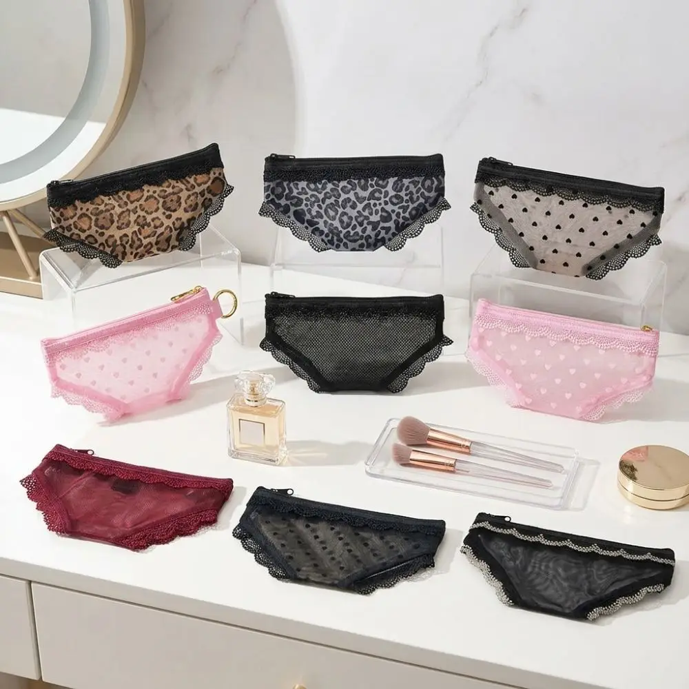 Creativity Briefs Shape Cosmetic Bag Mesh Lace Heart Makeup Storage Pouch Y2K Transparent Toiletry Bag Storage for Travel